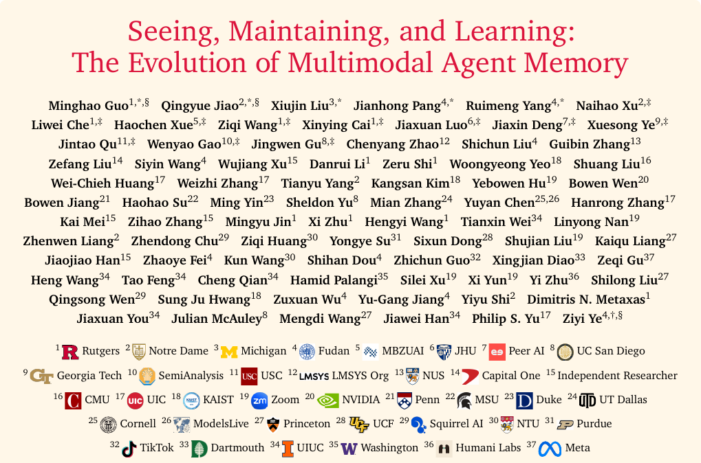 Title, authors, and affiliations from the first page of Seeing, Maintaining, and Learning: The Evolution of Multimodal Agent Memory